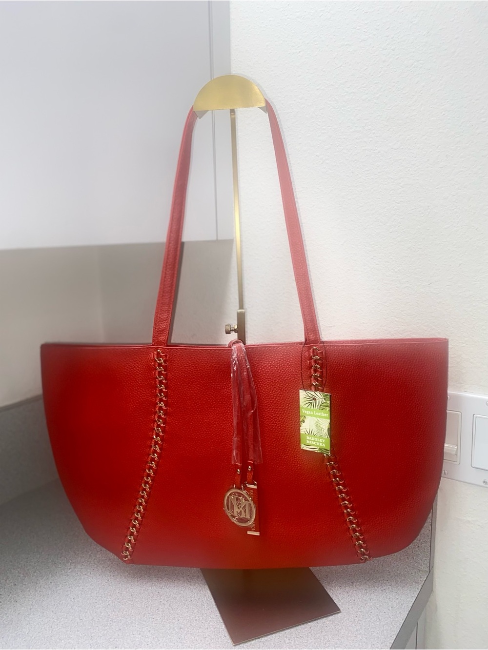 NWT Badgley Mischka Red Decorative Chain Vegan Leather Tote Bag